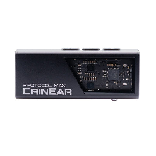 The CrinEar Protocol Max is a rectangular black portable DAC/headphone amplifier with a transparent section showing internal circuits, control buttons on top, and the CrinEar brand label.