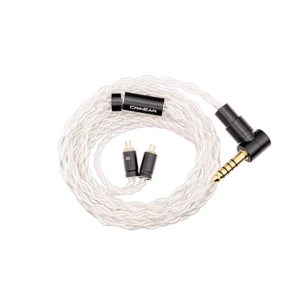 The CRIN EAR coiled white braided audio cable with a gold-plated right-angle connector delivers high-quality sound for Crinear Daybreak In-Ear Headphones, available from headphones.com.