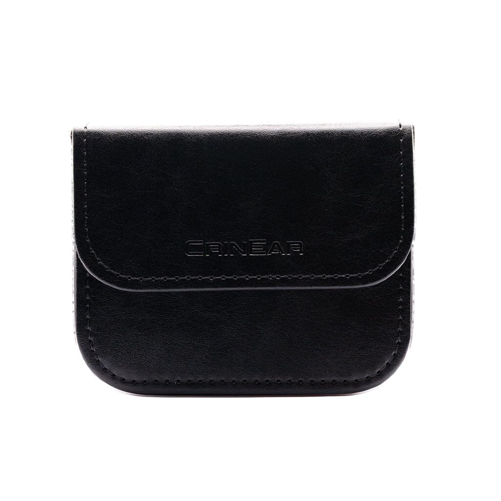 A compact black leather pouch with flap closure and visible stitching, embossed with the CRINEAR logo, designed to store Crinear Daybreak In-Ear Headphones and protect your premium audio gear.