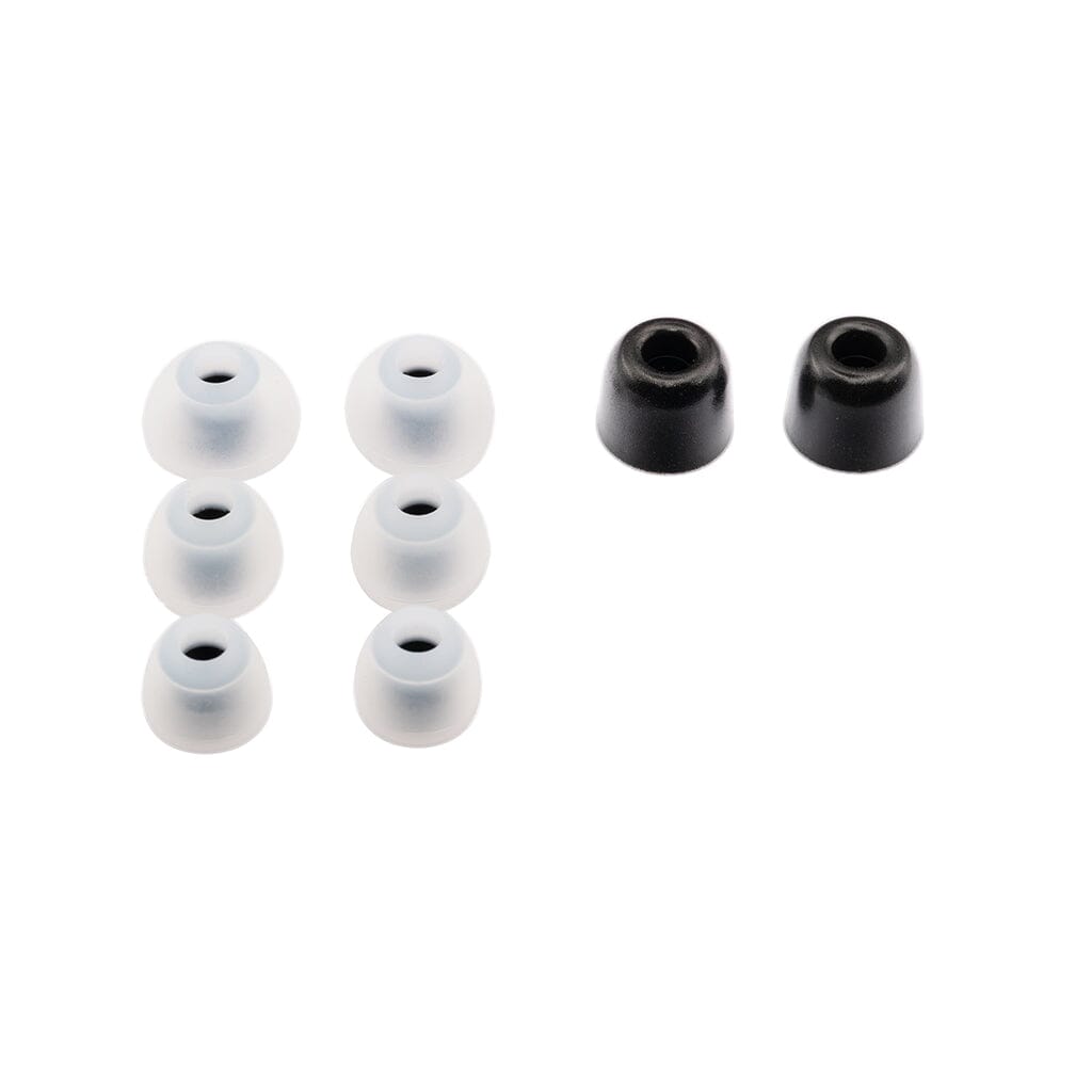 Six white and two black silicone earbud tips, compatible with Crinear Daybreak In-Ear Headphones by Crinear, are displayed on a white background, highlighting the premium audiophile sound quality these headphones provide.