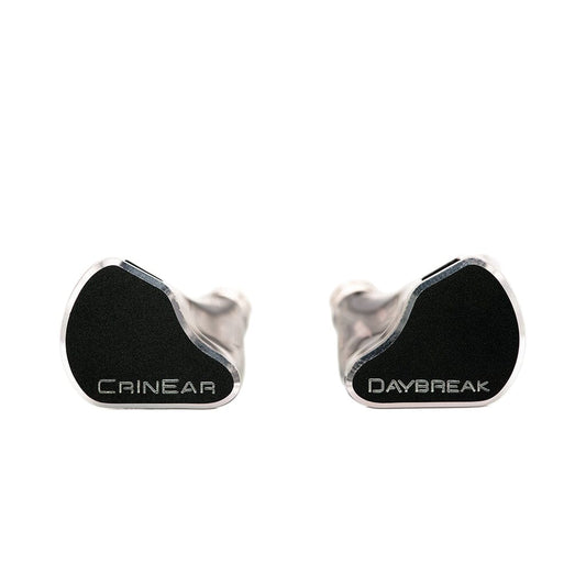 A pair of black Crinear Daybreak In-Ear Headphones, with CRinEAr on the left and DAYBREAK on the right earpiece, is shown against a white background. Enjoy audiophile-grade sound quality from Crinear. Available at headphones.com.