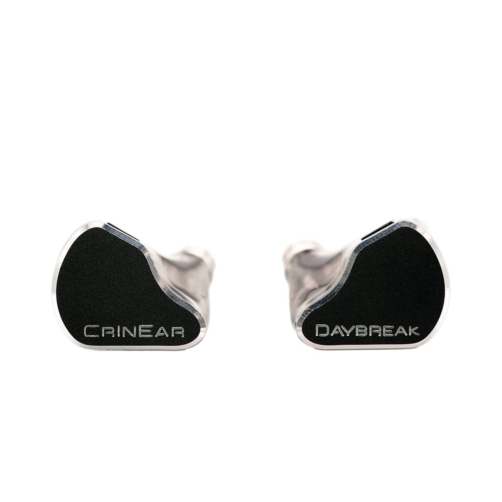 A pair of black Crinear Daybreak In-Ear Headphones, with CRinEAr on the left and DAYBREAK on the right earpiece, is shown against a white background. Enjoy audiophile-grade sound quality from Crinear. Available at headphones.com.