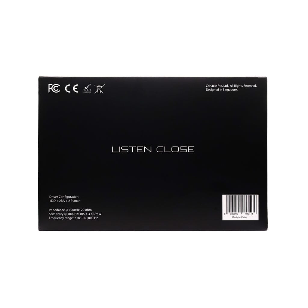 Black Crinear product box displays certification logos top left, technical specs below, and LISTEN CLOSE in white. Features Crinear Daybreak In-Ear Headphones with audiophile-grade sound. Designed in Singapore, made in China.