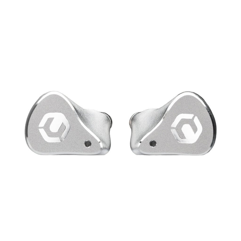 The CrinEar Reference In-Ear Headphones by CrinEar are sleek silver wireless earbuds, inspired by in-ear monitor technology for accurate sound, each featuring a hexagon-shaped logo, shown on a white background.