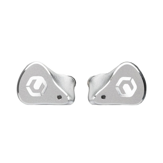 The CrinEar Reference In-Ear Headphones by CrinEar are sleek silver wireless earbuds, inspired by in-ear monitor technology for accurate sound, each featuring a hexagon-shaped logo, shown on a white background.