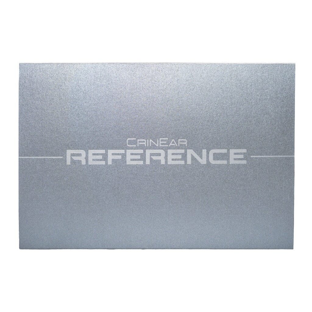 A silver rectangular box displays "CrinEar Reference" in bold white letters, perfectly showcasing CrinEar's Reference In-Ear Headphones designed for tonal accuracy.