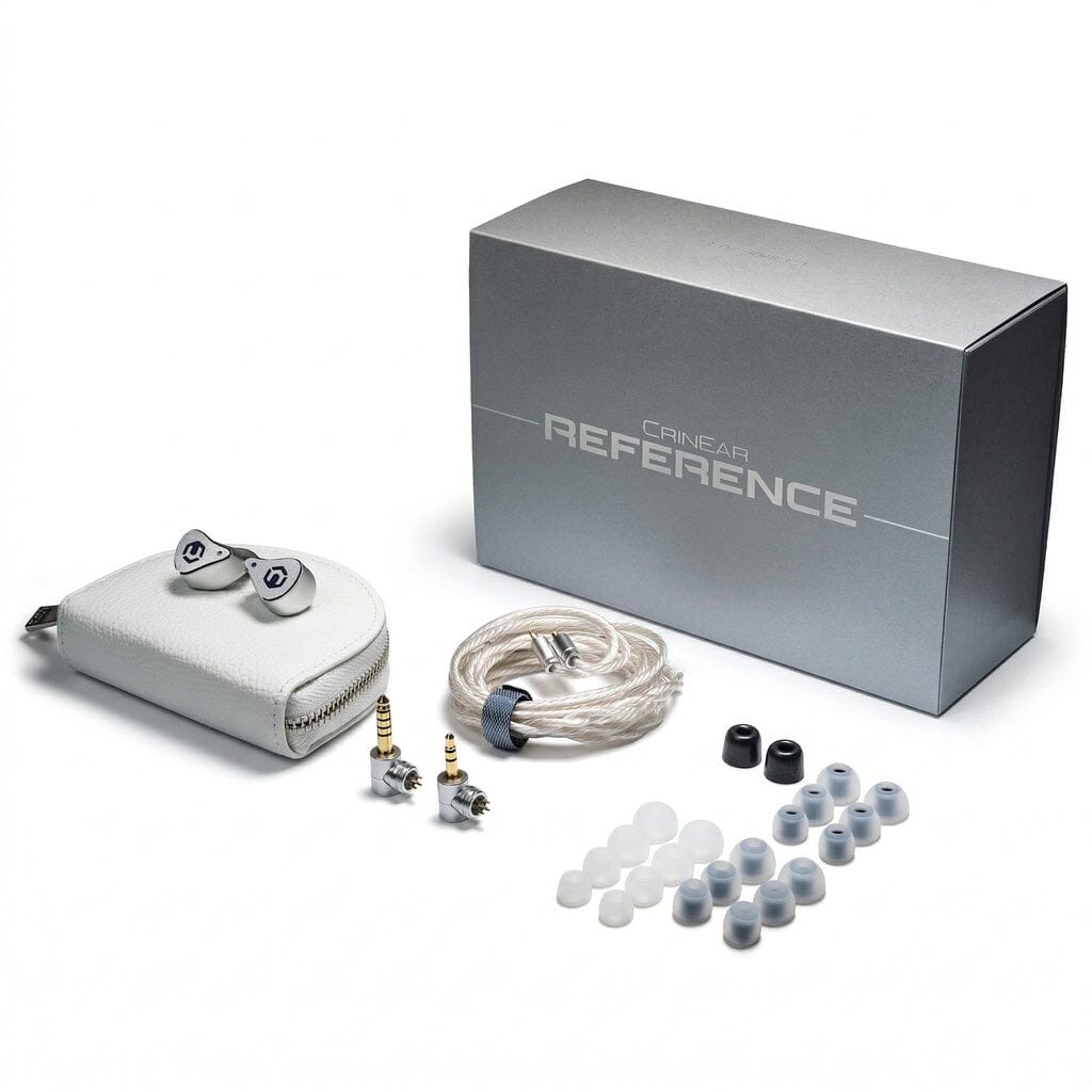 The CrinEar Reference In-Ear Headphones by CrinEar come with a silver box, white case, coiled audio cable, two earpieces, black and white ear tips, plus several sets of silicone ear tips for precise tonal accuracy.