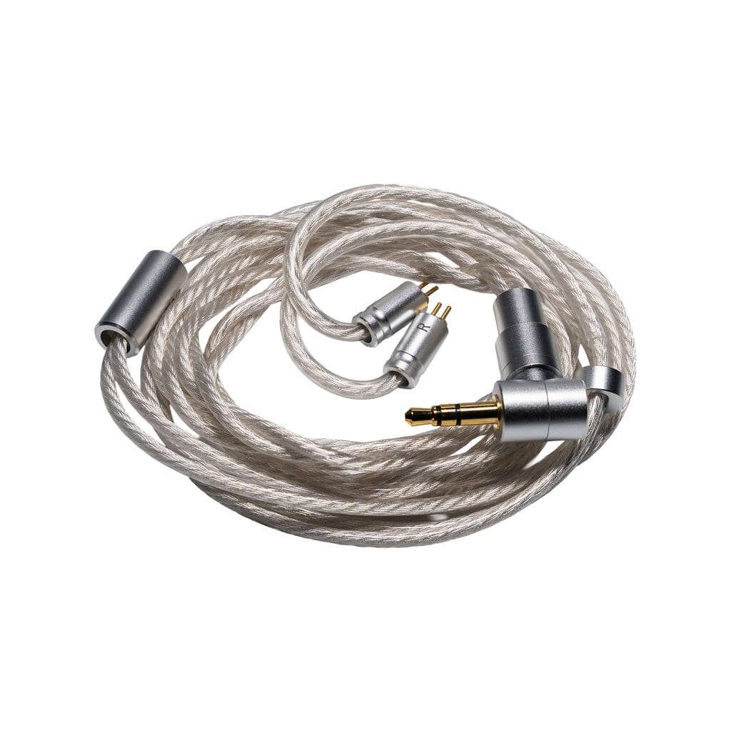 A coiled silver audio cable with two-pin connectors and a 3.5mm gold-plated plug, designed for detachable CrinEar Reference In-Ear Headphones from CrinEar, ensures tonal accuracy against a white background.