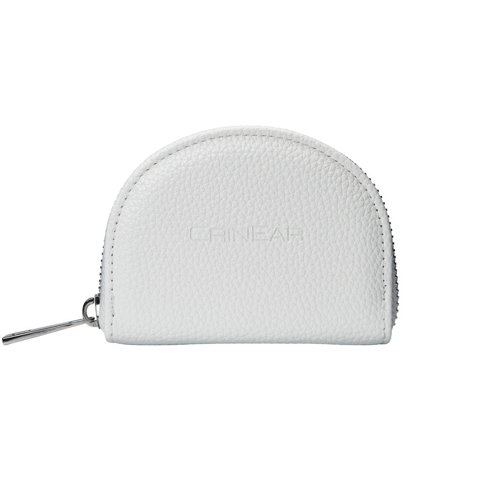 A small, white textured leather coin purse with a rounded top, silver zipper, and "CrinEar" embossed on the front—perfect for CrinEar Reference In-Ear Headphones fans. The purse stands upright against a white background.