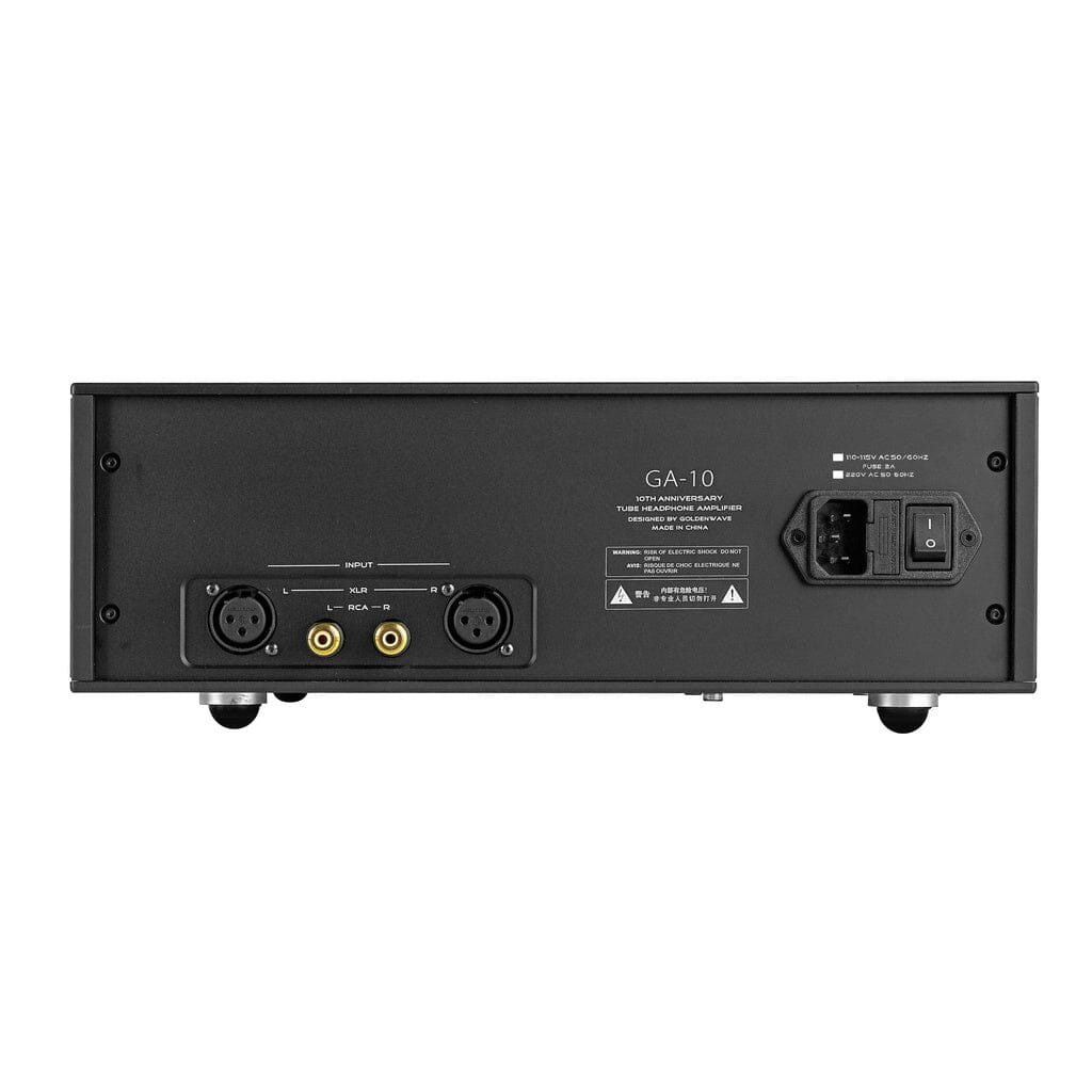 Rear view of the HIFIMAN GoldenWave GA-10 10th Anniversary Tube Headphone Amplifier (Clearance) by Hifiman, featuring XLR and RCA input jacks, AC power switch, power socket, and a model label marked GA-10 on a black rectangular metal chassis designed for high-end headphones.