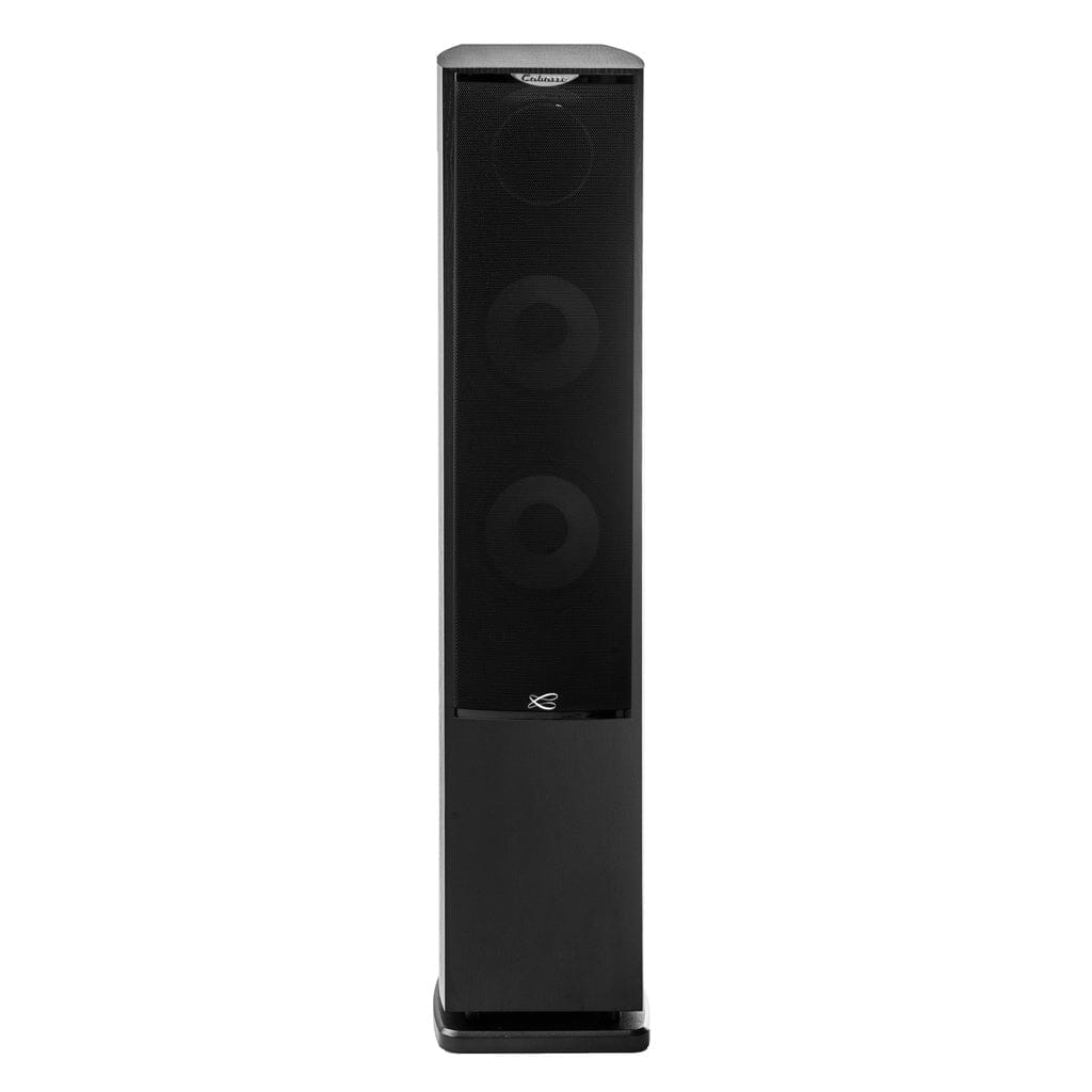 The Cabasse JERSEY MC170 Floorstanding Speaker by Cabasse is a tall, black 3-way speaker with a rectangular design, three circular grilles, high-powered woofers, and a coaxial midrange-tweeter on a compact base.