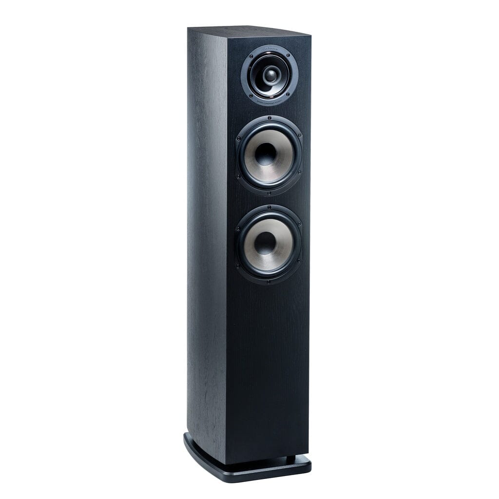 The Cabasse JERSEY MC170 Floorstanding Speaker by Cabasse is a tall, black, rectangular 3-way speaker with vertically arranged circular drivers of various sizes, including high-powered woofers and a coaxial midrange-tweeter on the front panel.