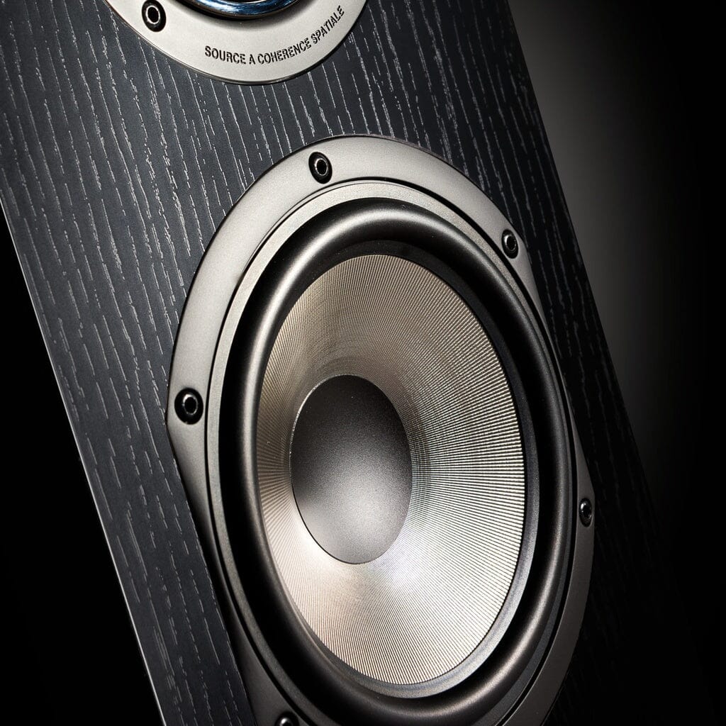 Close-up of the Cabasse JERSEY MC170 Floorstanding Speaker by Cabasse, featuring a modern 3-way design, metallic cone, black textured casing with detailed grooves and rounded edges, set against a dark background.