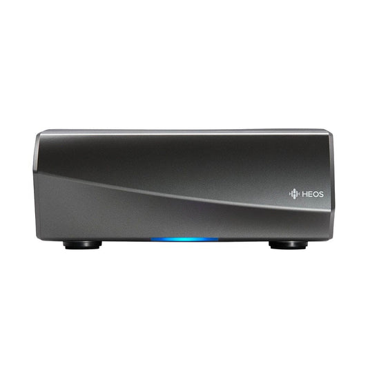 A sleek black Denon HEOS Amplifier HS2 2 Ch. 100W Amp - Clearance features a minimalist design with front LED indicator and small support legs, shown from the front.