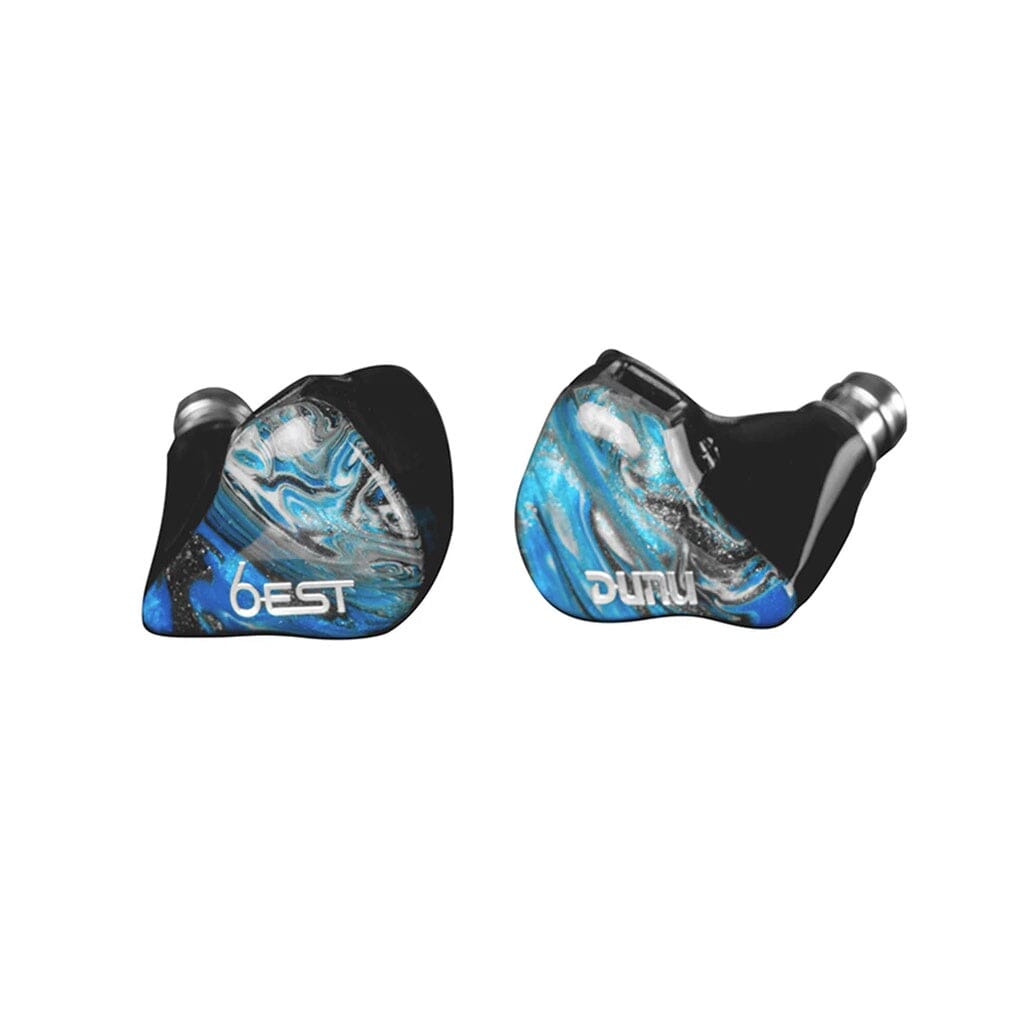 Two blue and black Dunu SA6 EST In-Ear Headphones with swirling patterns and the words "BEST" and "DUNU" printed on them are displayed against a white background. This open box clearance model from Dunu combines balanced armature drivers and electrostatic drivers for an immersive audio experience.
