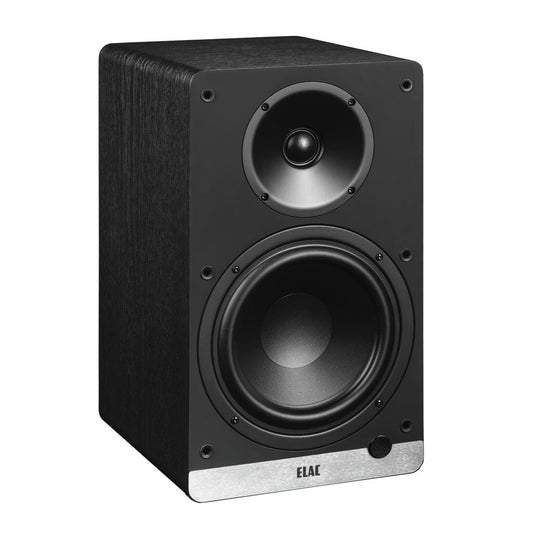 An ELAC DCB61 Debut ConneX 2-Way Active Wireless Bookshelf Speaker (Pair) features a large woofer, smaller tweeter, and silver front accent, shown at an angle on a white background.