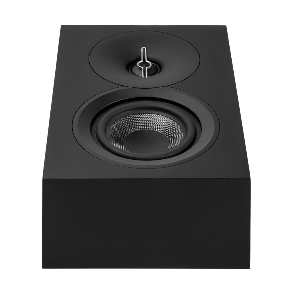 The ELAC Debut 3.0 DA43 2-Way Dolby Atmos Speaker - Pair features a sleek black rectangular design with two circular elements on top, perfect for enhancing your home theater experience with immersive sound.