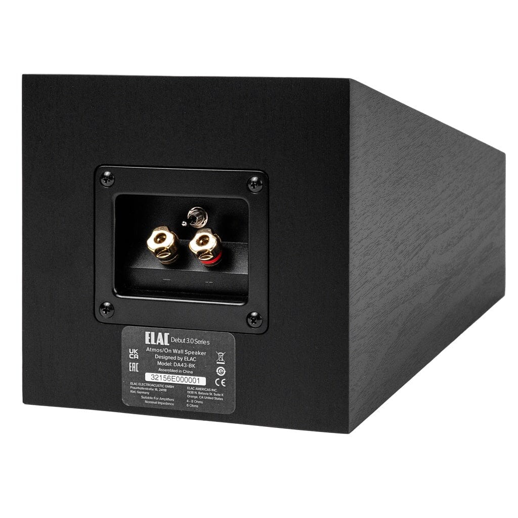 Rear view of a black ELAC Debut 3.0 DA43 2-Way Dolby Atmos Speaker, perfect for home theaters, featuring gold-plated binding posts, keyhole mount, and a model label on its textured black wood finish.