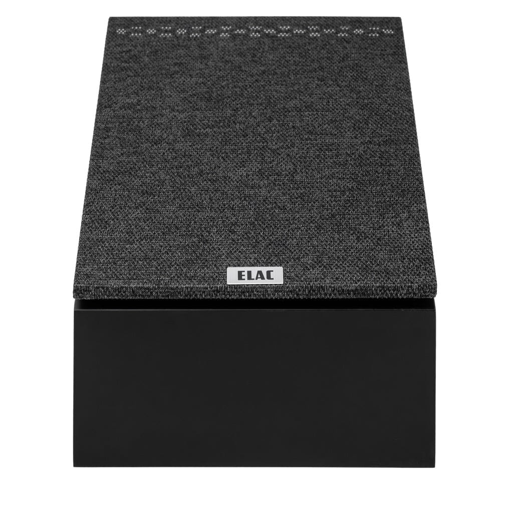 The ELAC Debut 3.0 DA43 2-Way Dolby Atmos Speaker pair features a sleek black rectangular design with a fabric-covered top and smooth base—an excellent addition to any home theater setup.