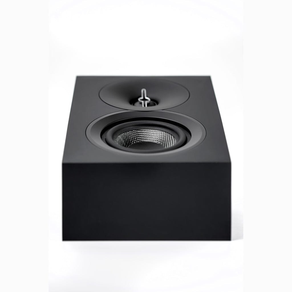 The ELAC Debut 3.0 DA43 2-Way Dolby Atmos Speaker pair features a modern black rectangular design with front circular tweeter and woofer, offering sleek style ideal for home theater setups. Photographed against a white background.