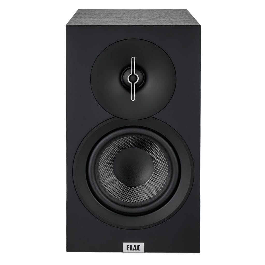 Front view of the ELAC Debut 3.0 DB53 5.25" Passive Bookshelf Speaker by ELAC, showing a circular tweeter above a larger aramid fiber woofer in a rectangular enclosure with gray wood grain top.