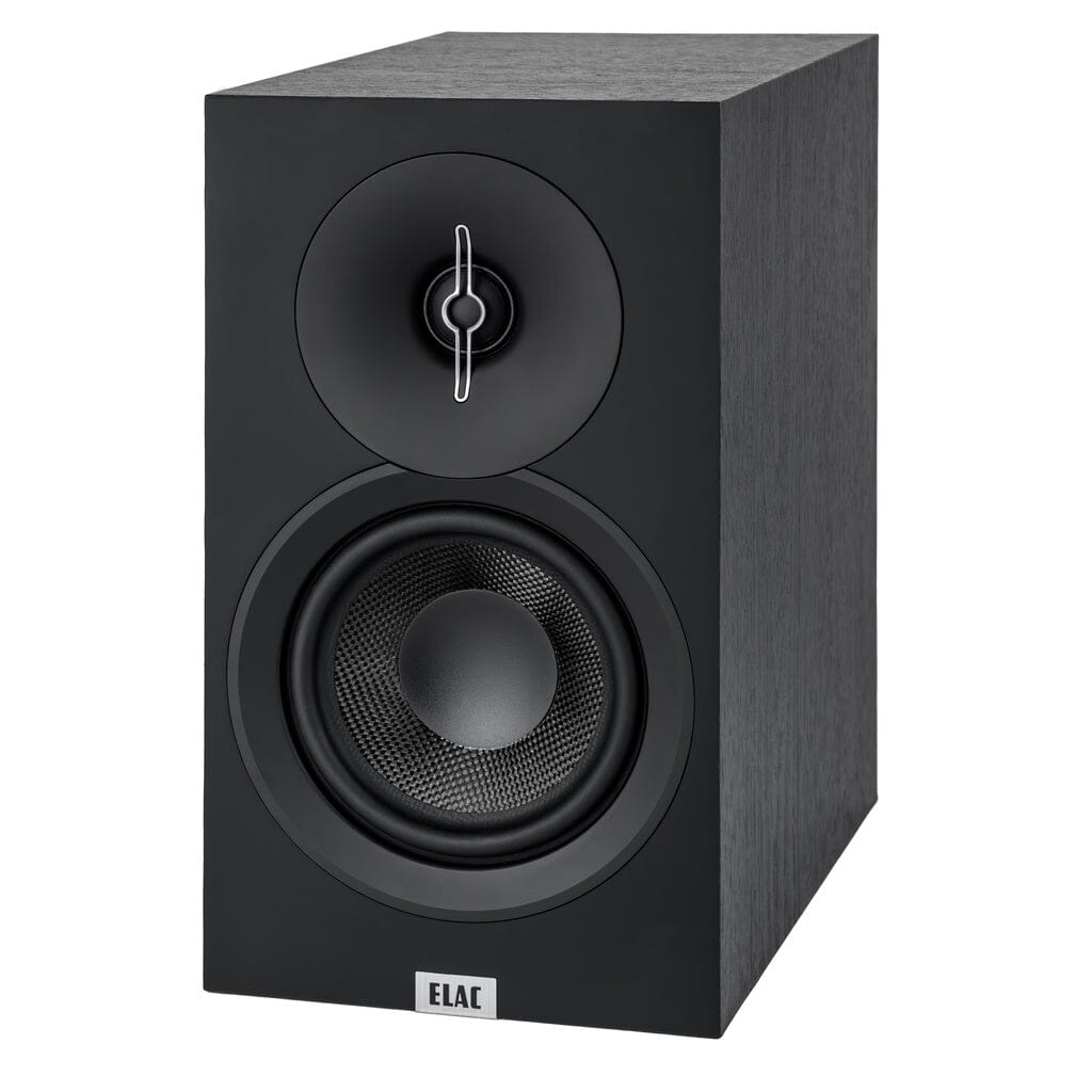 The ELAC Debut 3.0 DB53 5.25" Passive Bookshelf Speaker Pair features a sleek black rectangular design with a circular tweeter above an aramid fiber woofer, offering a modern and minimalist look.