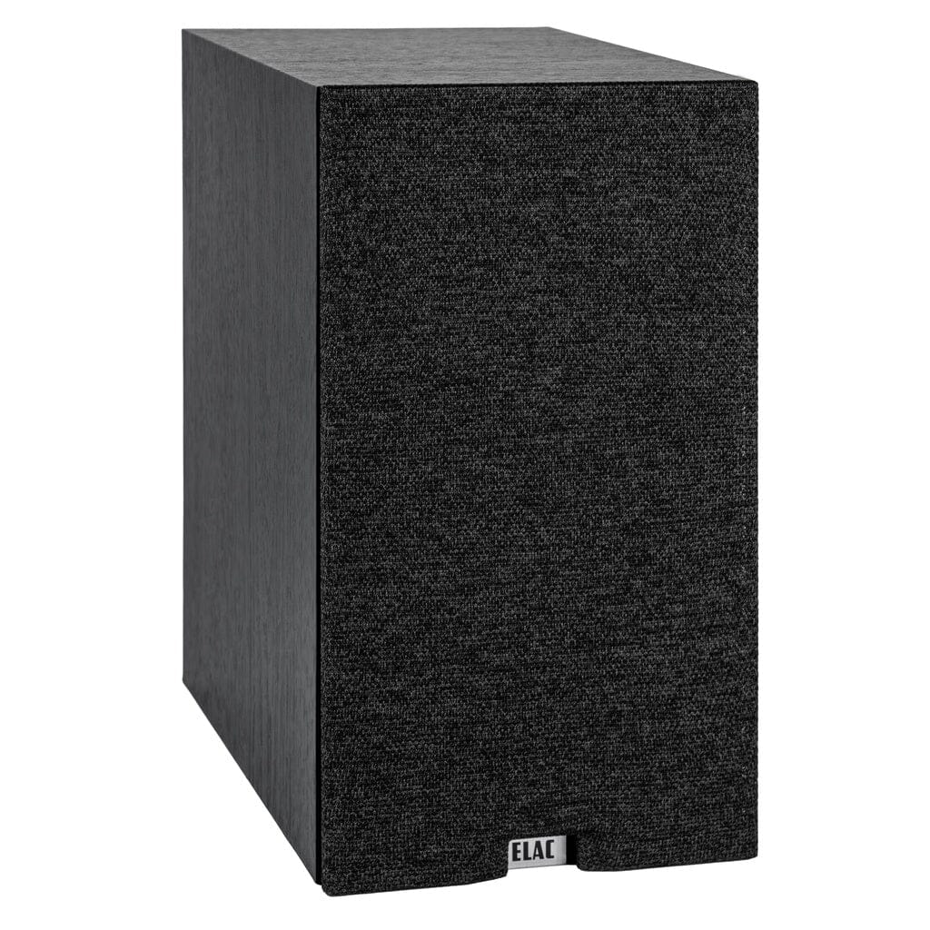 The ELAC Debut 3.0 DB53 5.25" Passive Bookshelf Speaker is shown in black with a fabric front grille and a small ELAC logo at the bottom center, displayed at an angle on a white background.