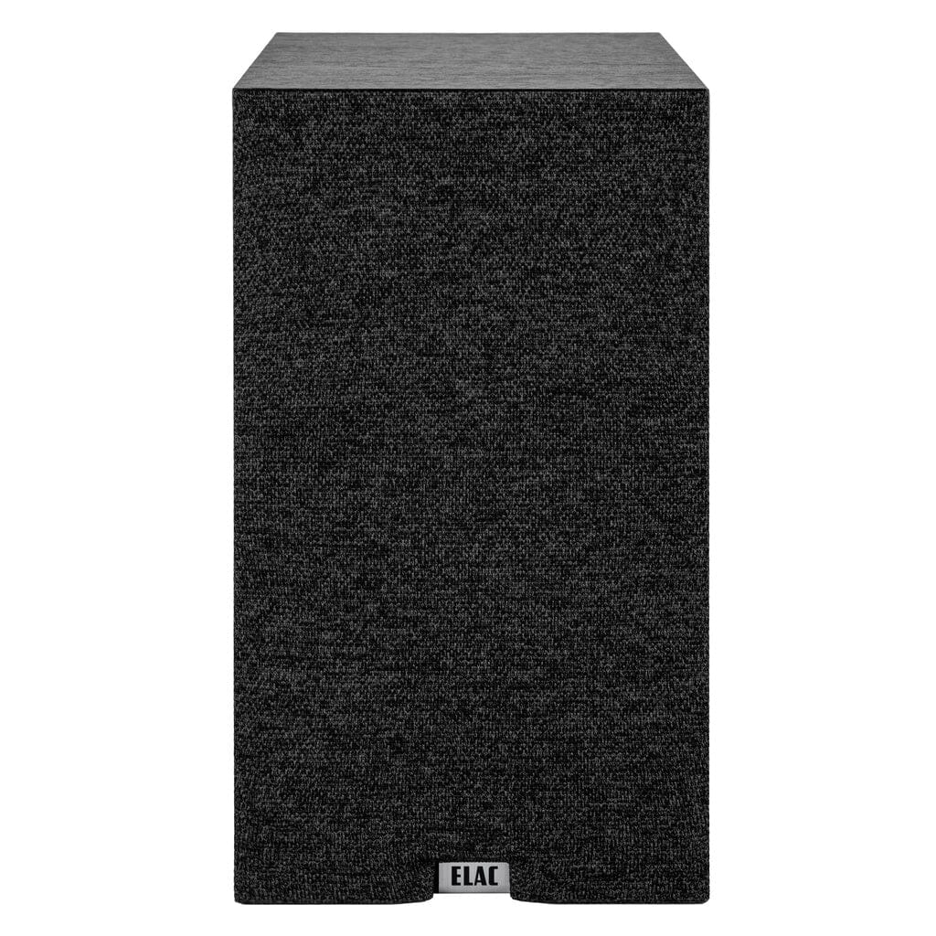A black ELAC Debut 3.0 DB53 5.25" passive bookshelf speaker with a textured fabric front grill is shown from the front against a white background.