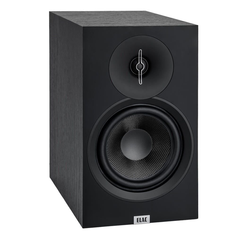 The ELAC Debut 3.0 DB63 6.5" Bookshelf Speakers feature an aluminum dome tweeter and a larger aramid fiber woofer in a matte black rectangular cabinet.