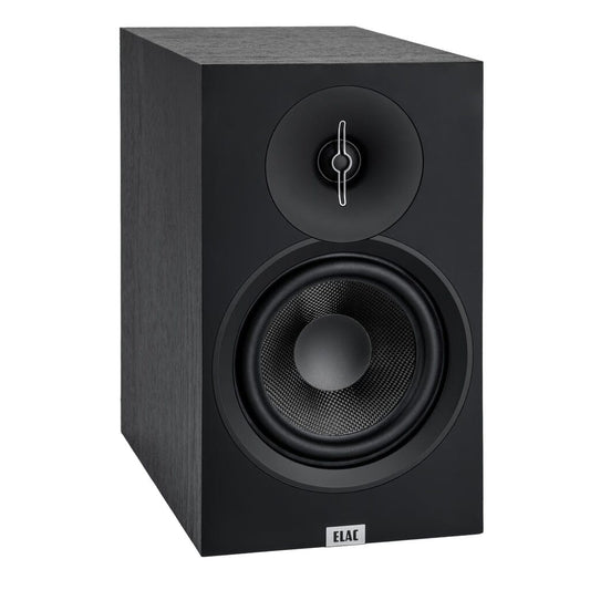 The ELAC Debut 3.0 DB63 6.5" Bookshelf Speakers feature an aluminum dome tweeter and a larger aramid fiber woofer in a matte black rectangular cabinet.