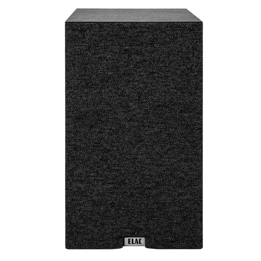 Front view of a rectangular black ELAC Debut 3.0 DB63 6.5" Bookshelf Speaker with a textured fabric grille, aramid fiber woofer, and a white ELAC logo at the bottom center.