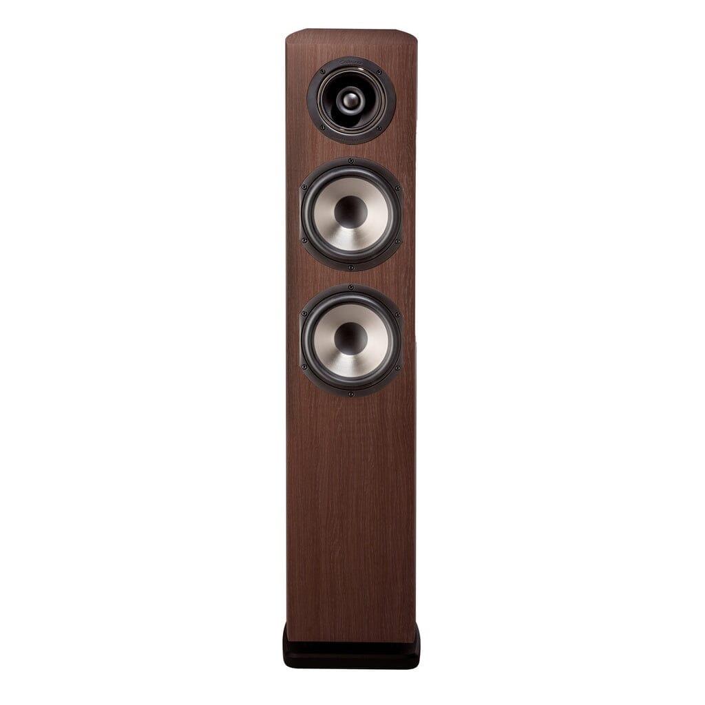 The Cabasse JERSEY MC170 Floorstanding Speaker by Cabasse features a tall rectangular wooden design with three vertically aligned circular drivers and high-powered woofers on the front panel.
