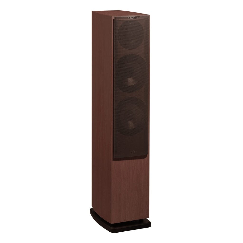 The Cabasse JERSEY MC170 Floorstanding Speaker by Cabasse is a tall, rectangular 3-way speaker with a brown wood finish, black grille, and three visible circular drivers including high-powered woofers.
