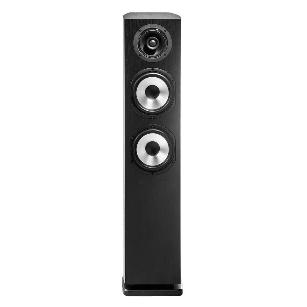 The Cabasse JERSEY MC170 Floorstanding Speaker by Cabasse features a tall black cabinet with three circular drivers—two silver woofers and one black coaxial midrange-tweeter—in a sleek 3-way design.