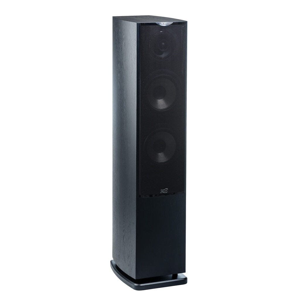 The Cabasse JERSEY MC170 Floorstanding Speaker by Cabasse is a tall, black, rectangular 3-way speaker with a mesh front panel covering powerful woofers and a coaxial midrange-tweeter, plus a sturdy base for stability.