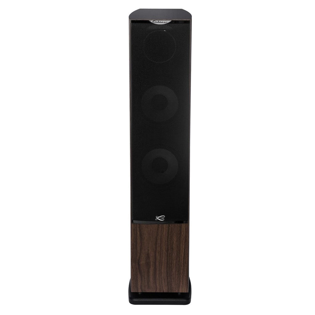 The Cabasse JERSEY MC170 Floorstanding Speaker by Cabasse features a tall, rectangular design with a black grille, high-powered woofers, and a wood-finish base, displayed against a white background.