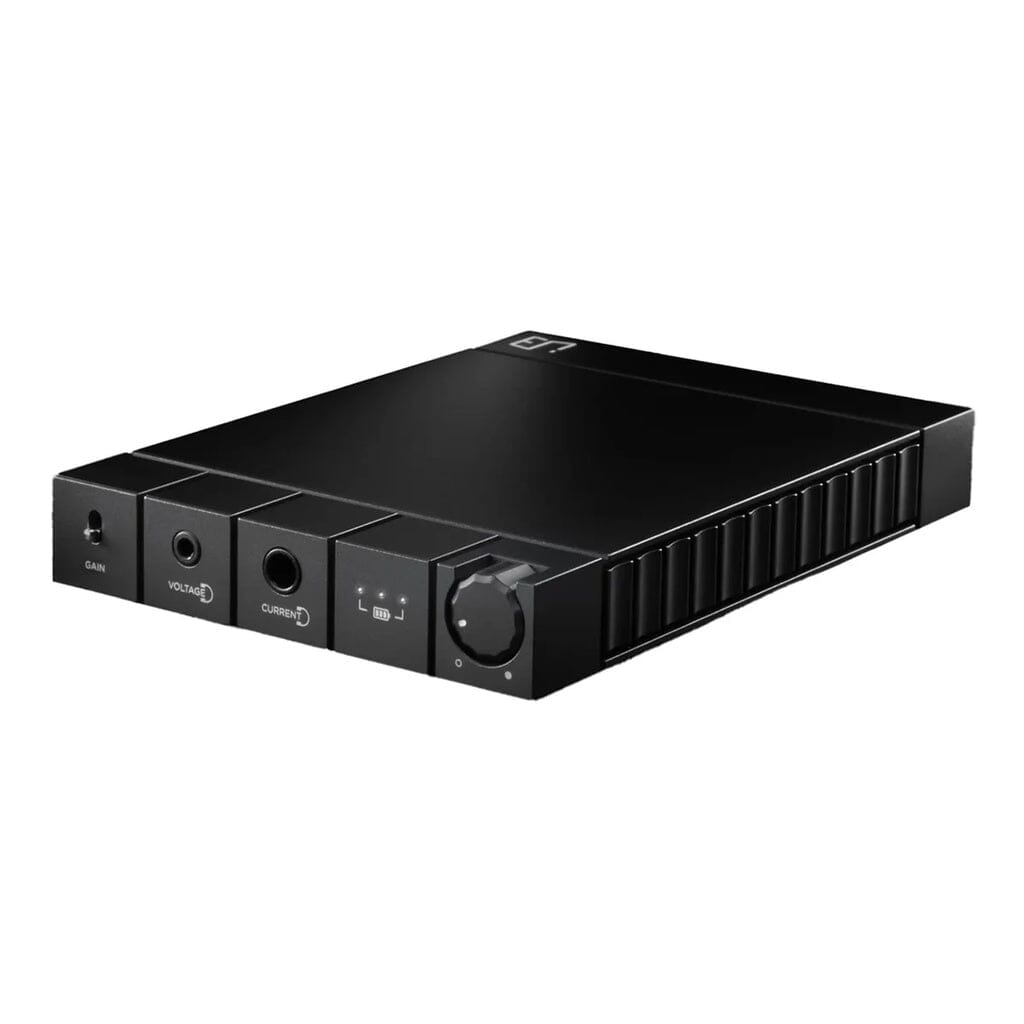 The Enleum Amp 23-RMH Headphone Amplifier by Enleum is a sleek black high-power amp featuring multiple control knobs, buttons, and input/output ports on its front panel, shown in a photo with a white background.