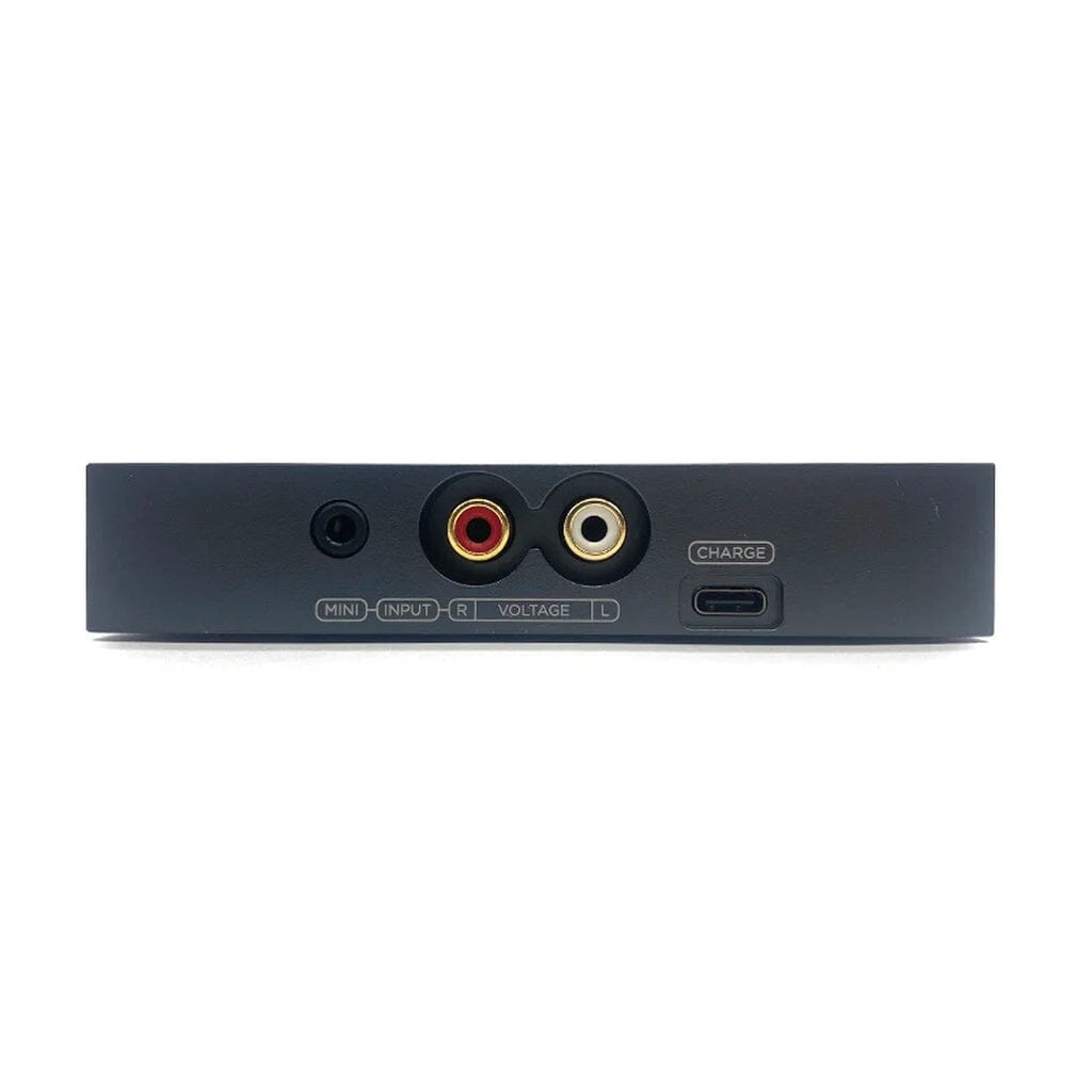A close-up of the Enleum Amp 23-RMH Headphone Amplifier’s rear panel shows labeled mini input jack, two RCA input ports (red/white), voltage input, and USB-C charging port. Brand: Enleum.