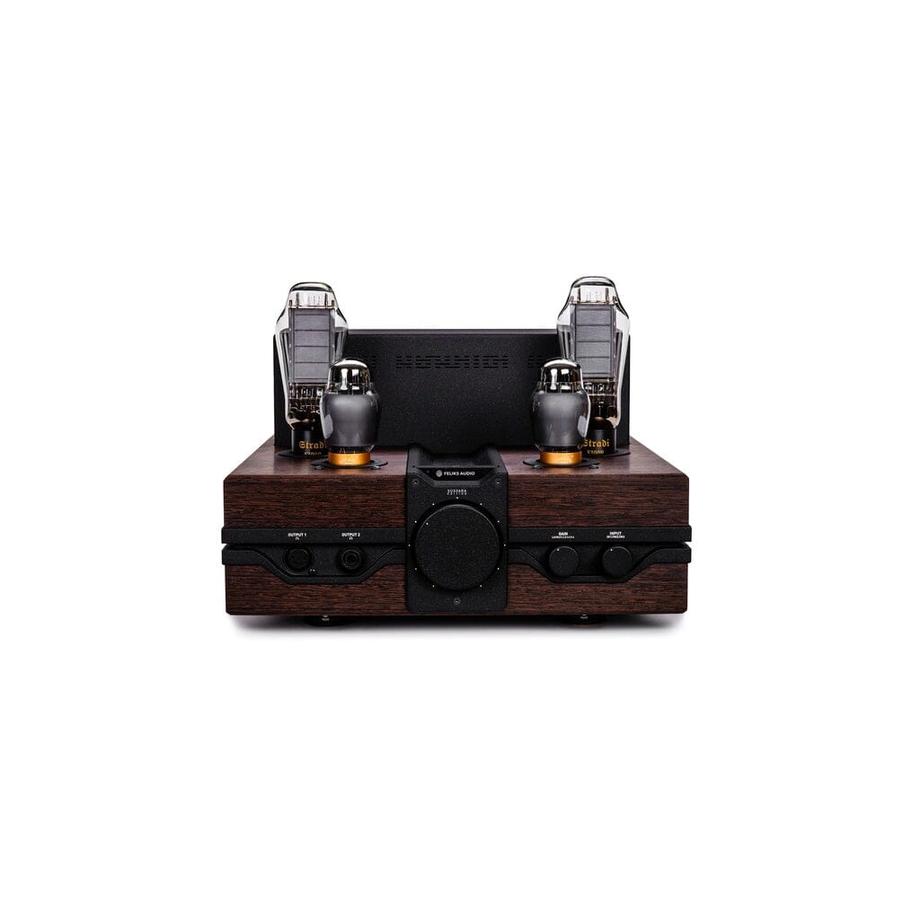 Front view of the Feliks Audio Envy Susvara Edition by Feliks Audio, featuring a wooden case, 2 large and 2 small vacuum tubes, control knobs, and a central display on the front panel. Designed for HIFIMAN Susvara headphones.