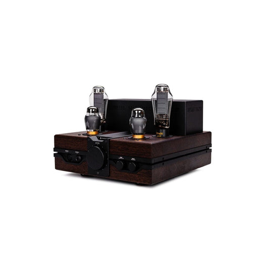 The Feliks Audio Envy Susvara Edition is a high-end headphone amplifier with a wooden chassis, four exposed glass tubes, and multiple front control knobs—ideal for pairing with the HIFIMAN Susvara.