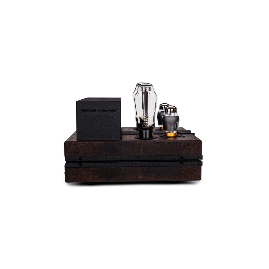 The Feliks Audio Envy Susvara Edition by Feliks Audio is a vintage-style tube headphone amplifier with glass vacuum tubes and a dark wooden base, seen front-on against a white background—ideal for pairing with the HIFIMAN Susvara.