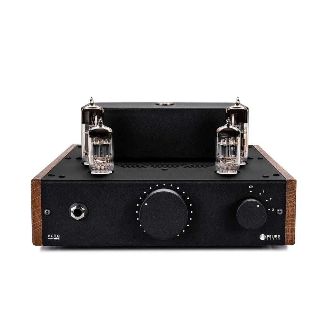 The Feliks Audio Echo Vibe Headphone Tube Amplifier by Feliks Audio features a black finish, wooden side panels, three exposed vacuum tubes on top, and a large central control knob—making it a stylish choice for headphone enthusiasts.