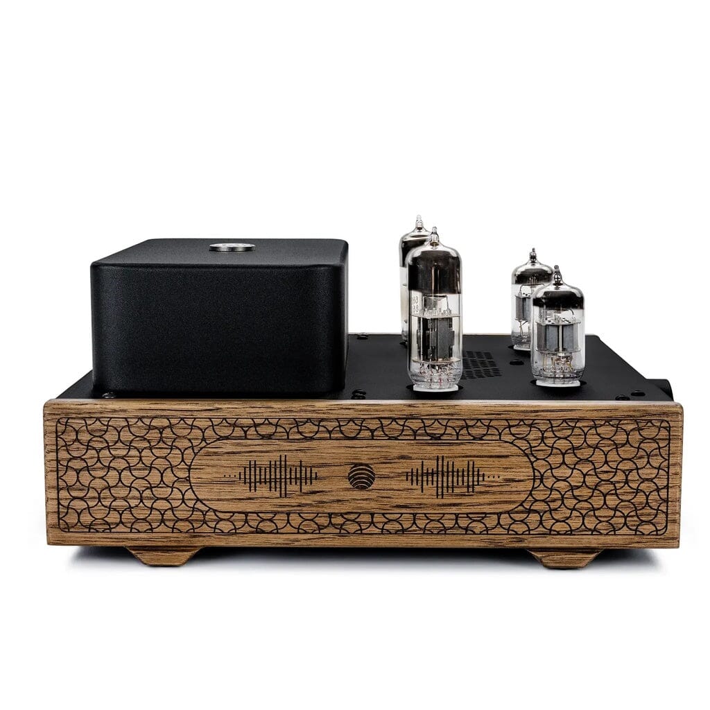 The Feliks Audio Echo Vibe Headphone Tube Amplifier by Feliks Audio features a wooden body, soundwave front panel, three visible vacuum tubes, and a black rectangular component on top.