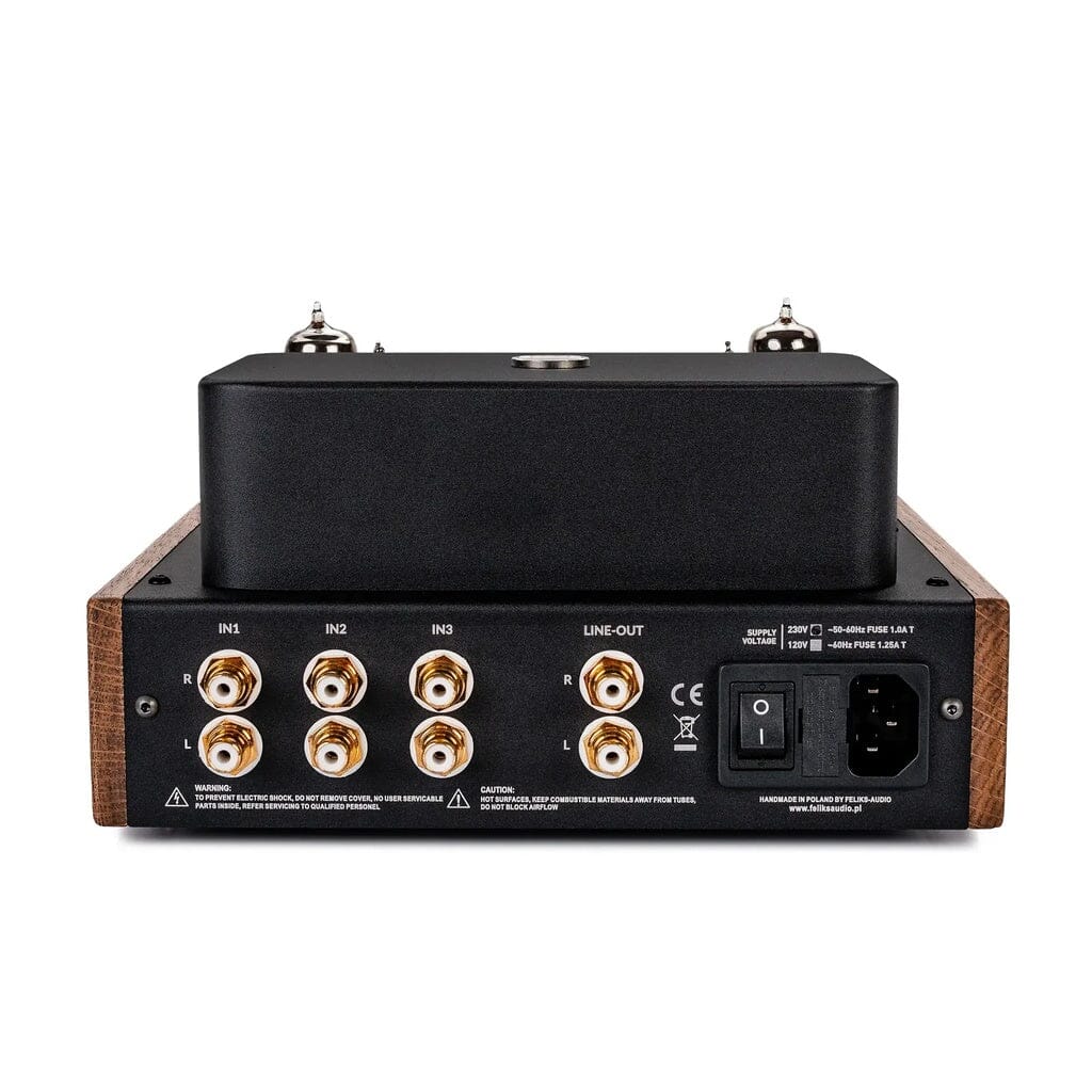 Rear view of the Feliks Audio Echo Vibe Headphone Tube Amplifier by Feliks Audio, featuring three RCA inputs, a line-out port, power switch and socket, exposed vacuum tubes on top, and a sleek black and wood-paneled design.
