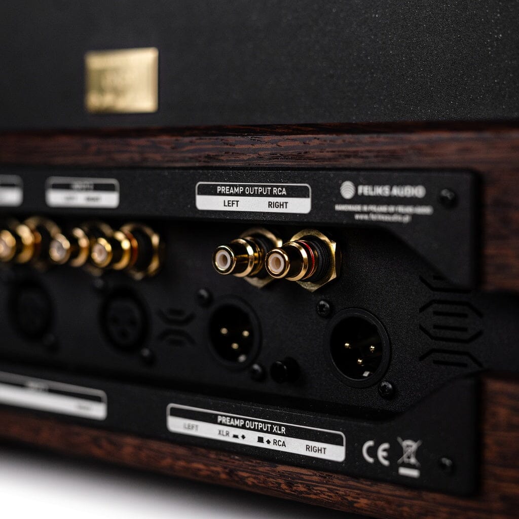 Close-up of the back panel of a Feliks Audio Envy Susvara Edition headphone amplifier, showing labeled RCA and XLR preamp outputs with gold-plated ports and a wood and black metal finish—ideal for pairing with the HIFIMAN Susvara.