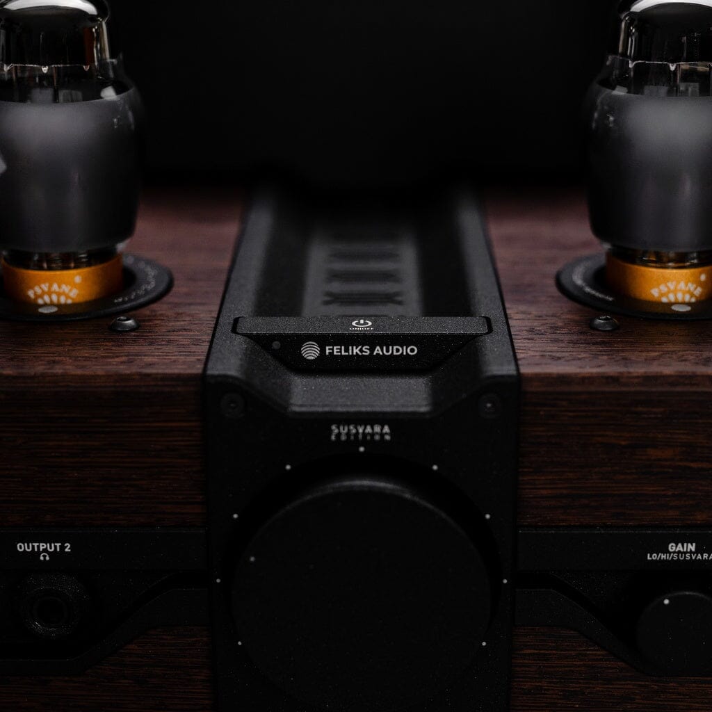Close-up of the Feliks Audio Envy Susvara Edition headphone amplifier by Feliks Audio, featuring wooden panels, vacuum tubes, and central controls for output and gain—perfectly designed for pairing with the HIFIMAN Susvara.