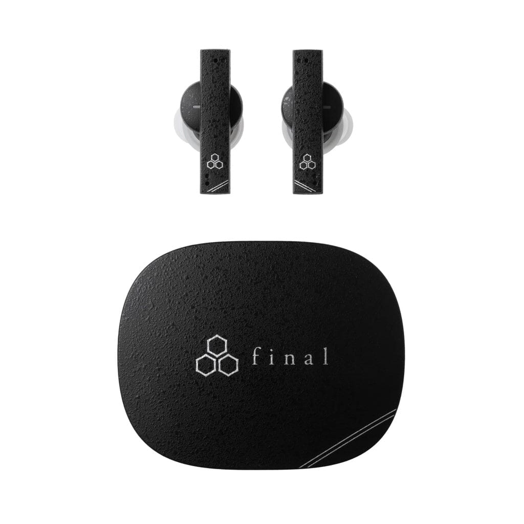 The Final Audio ZE8000 MK2 True Wireless In-Ear Headphones feature a textured black finish and geometric logo, with enhanced audio technology and 8K Sound clarity, shown above a matching charging case labeled "final.