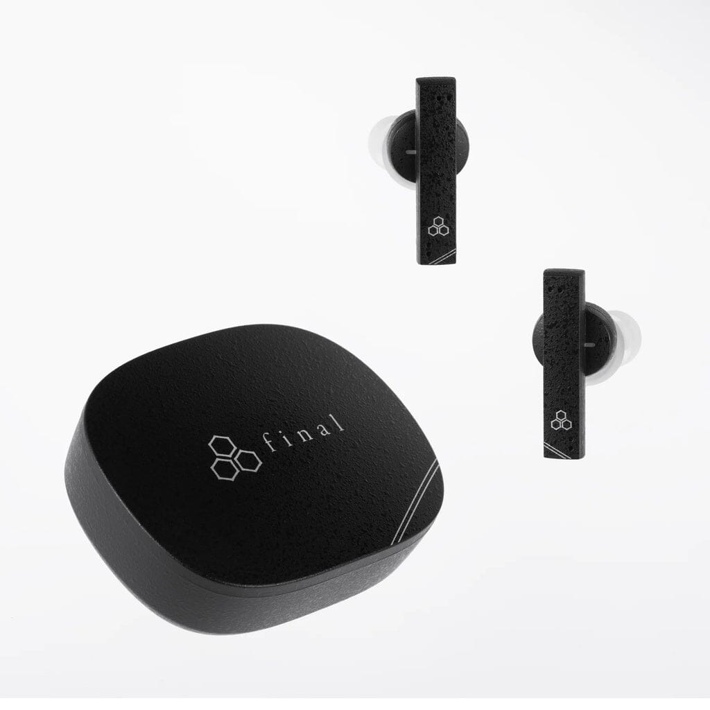 Final Audio ZE8000 MK2 True Wireless In-Ear Headphones in black, with a matching charging case and hexagon design, both showing the “final” logo, displayed on a plain white background—now on clearance.