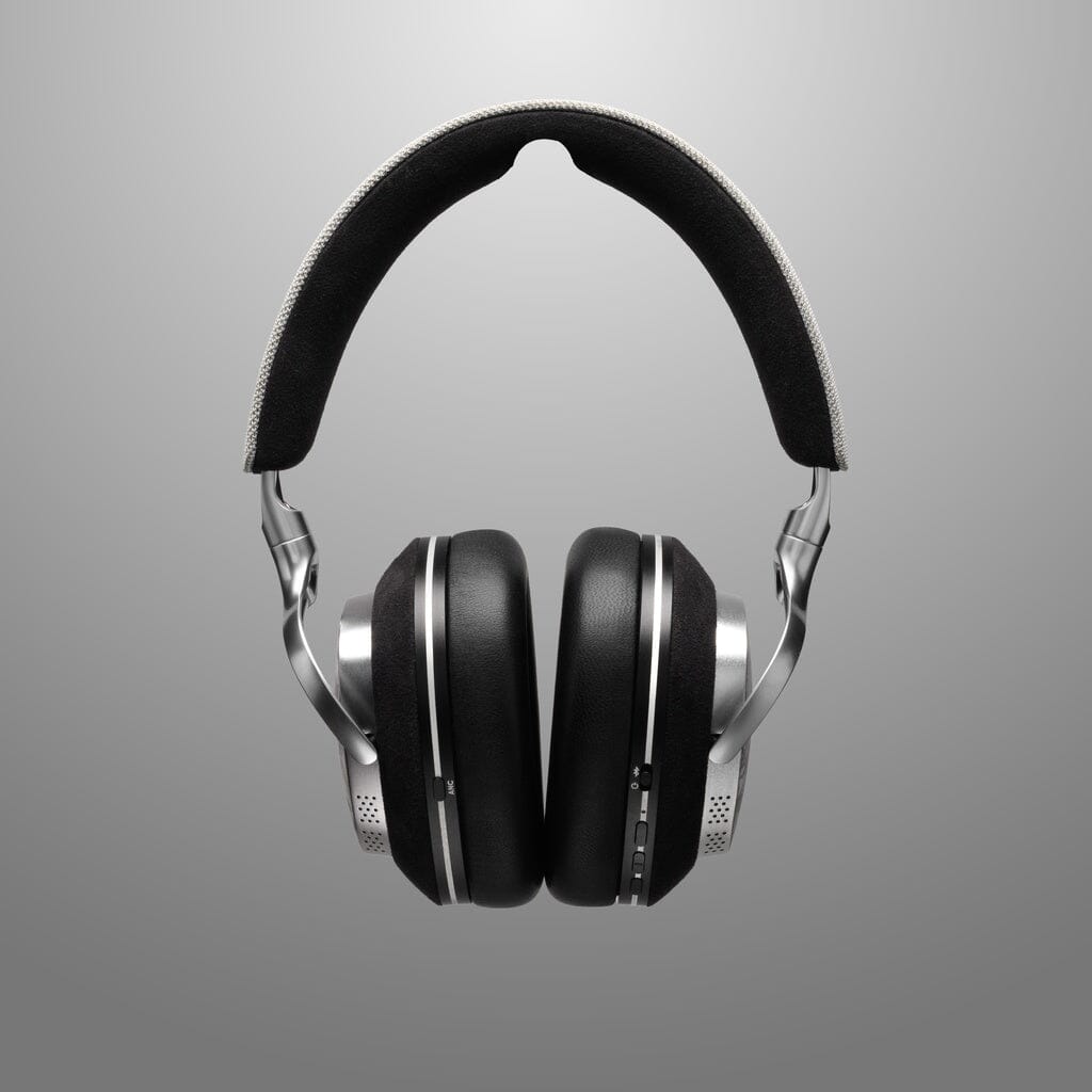 The Noble Audio FoKus Artemis Wireless Headphones by Noble Audio are modern black over-ear headphones with silver accents and active noise cancellation, displayed upright on a simple gray gradient background with ear cups facing forward.