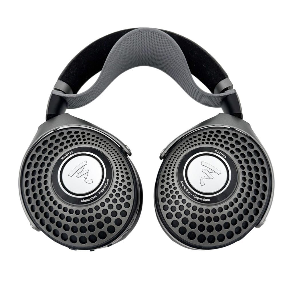 A pair of black Focal over-ear headphones featuring a mesh grille and circular silver accents, equipped with the Capra Audio Capra Comfort Strap for Focal Headphones (Small), shown against a white background.